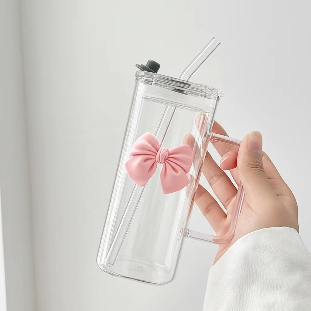 Cute Pink Bow Glass Cup with Lid and Clear Straw