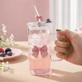 Cute Pink Bow Glass Cup with Lid and Clear Straw