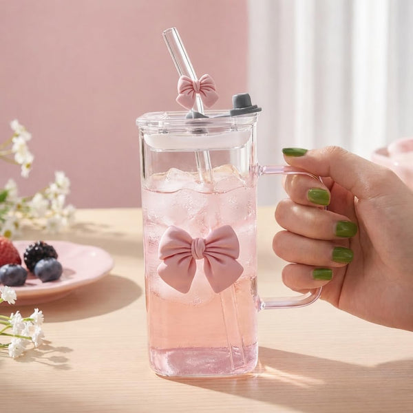 Cute Pink Bow Glass Cup with Lid and Clear Straw