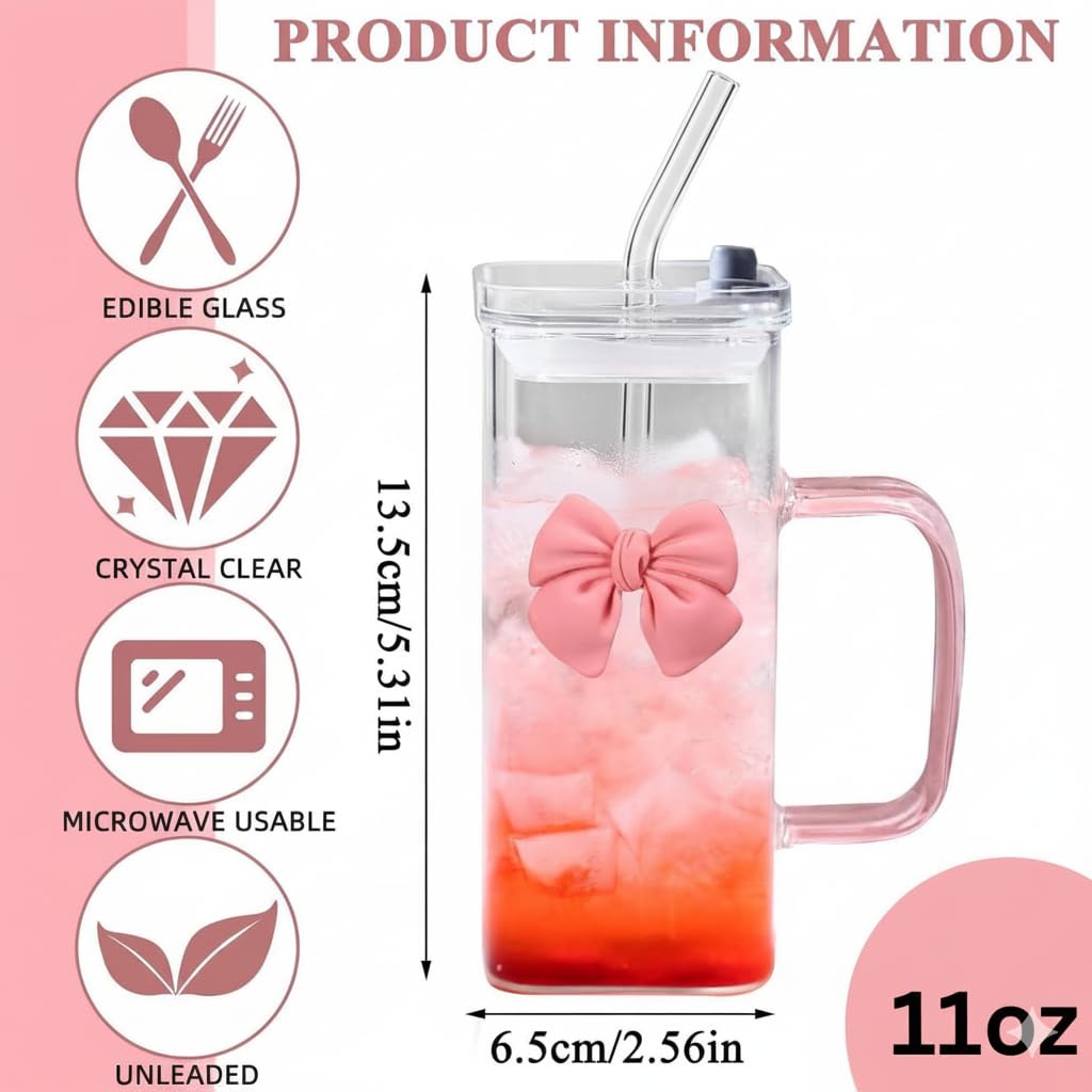 Cute Pink Bow Glass Cup with Lid and Clear Straw