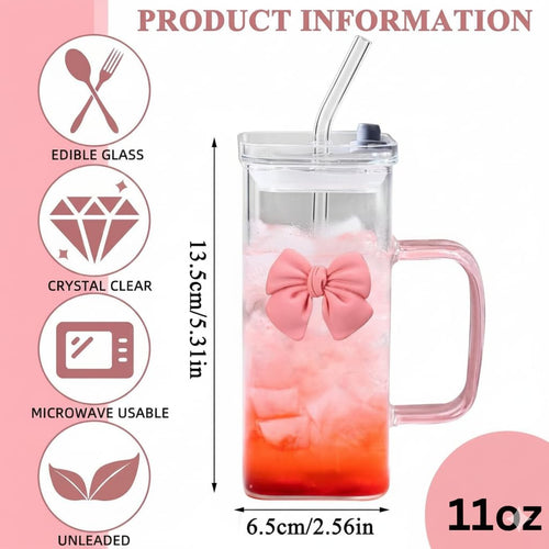 Cute Pink Bow Glass Cup with Lid and Clear Straw