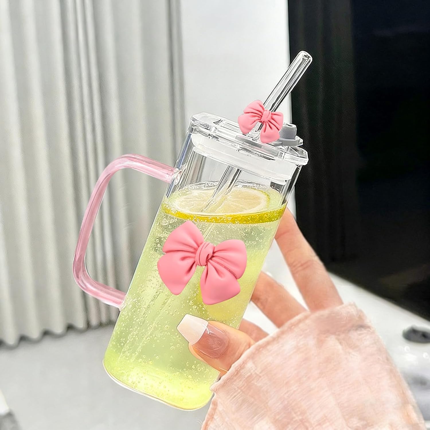 Cute Pink Bow Glass Cup with Lid and Clear Straw